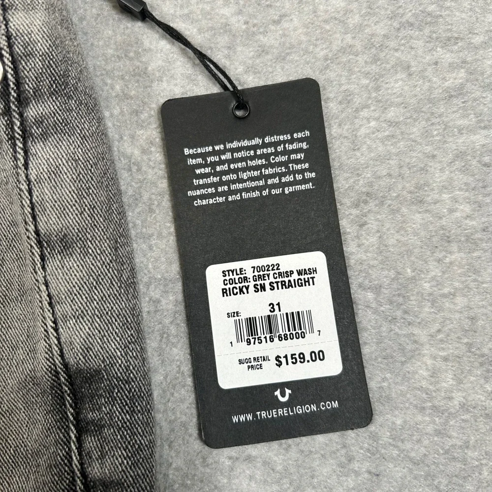 True Religion Ricky Relaxed Straight Jeans Mens 31x34 Gray Wash‎ Distressed NEW